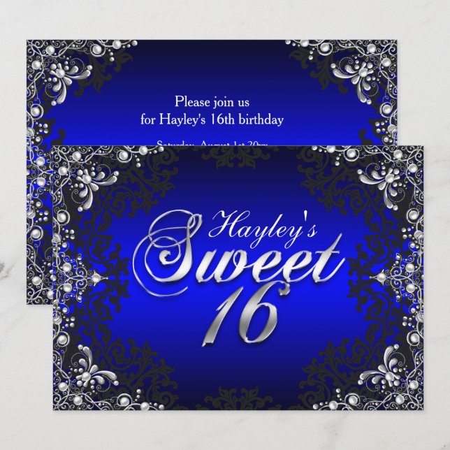 Silver Black Blue Pearl Damask Sweet 16 Invite (Front/Back)