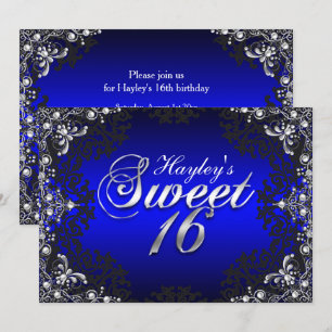 Silver Black Blue Pearl Damask Sweet 16 Invite