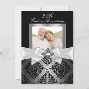 Silver Black Bow & Damask 25th Wedding Anniversary Invitation