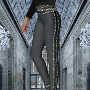 Silver & Black Chain Trim Charcoal Grey Leggings