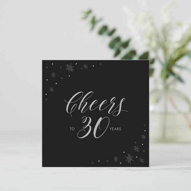 Silver & Black Cheers 30th Birthday Party Square Invitation (Standing Front)