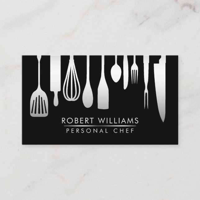Silver Black Chef Kitchen Tools Glitter Faux Business Card (Front)