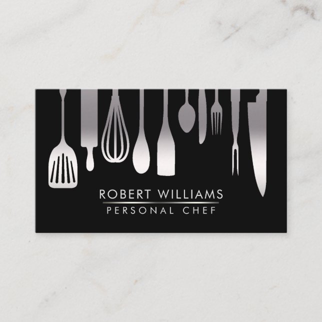 Silver Black Chef Kitchen Tools Glitter Faux Business Card (Front)