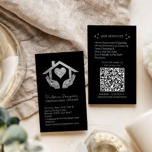 Silver Black Cleaning Service Maid QR Code Logo Business Card