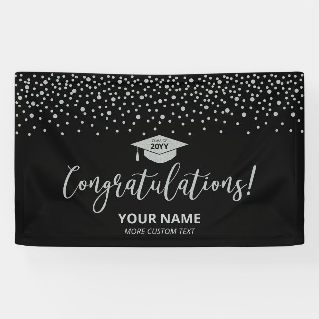 Silver & Black Confetti Congratulation Graduation Banner (Horizontal)