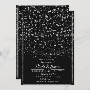 Silver & Black Confetti Splatter Engagement Party Invitation