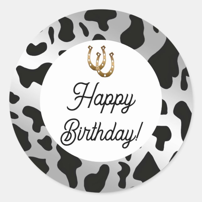 Silver & Black Cow Spots Birthday Classic Round Sticker (Front)