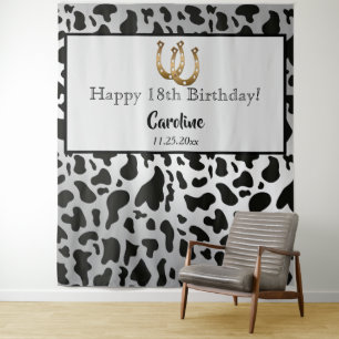 Silver & Black Cow Spots & Gold Horseshoe Birthday Tapestry