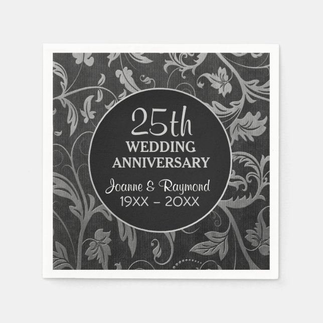 Silver Black Damask 25th Anniversary Napkin (Front)
