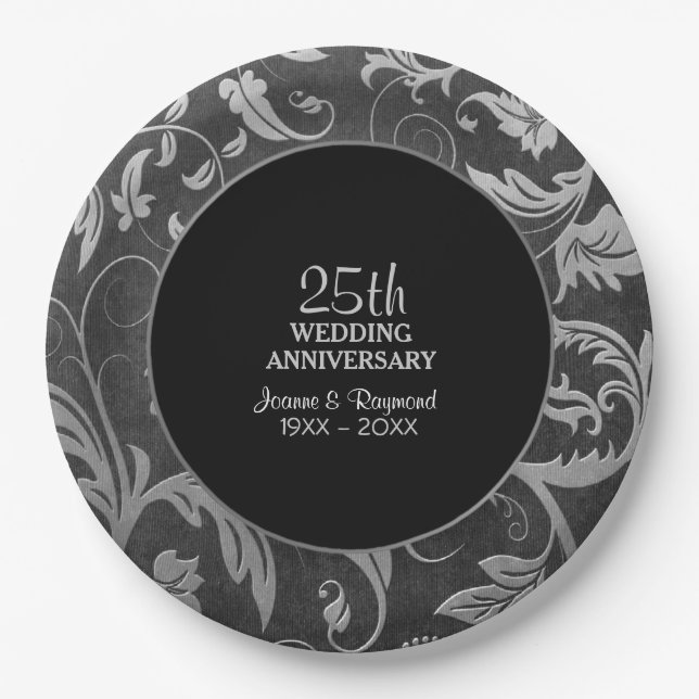Silver Black Damask 25th Anniversary Paper Plate (Front)
