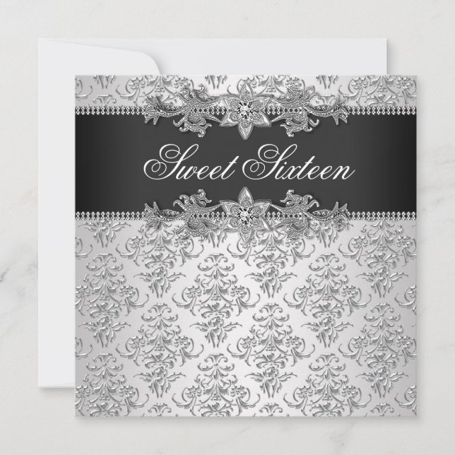 Silver Black Damask Black White Sweet 16 Birthday Invitation (Front)