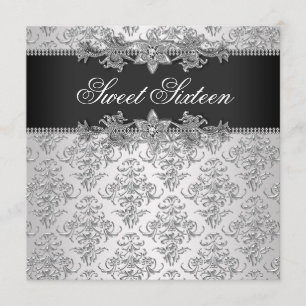 Silver Black Damask Black White Sweet 16 Birthday Invitation