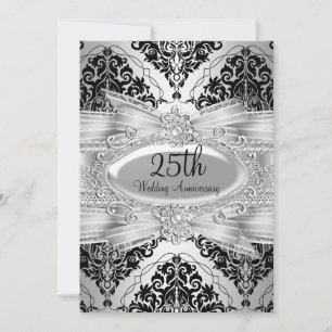 Silver Black Damask & Bow 25th Anniversary Invite