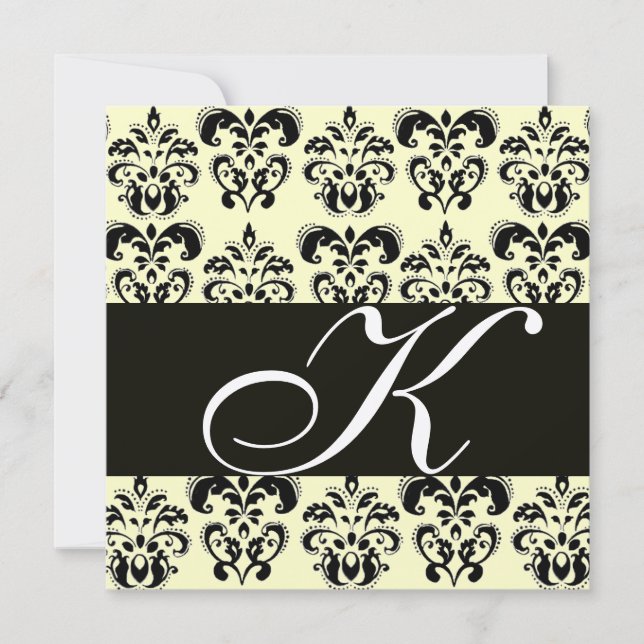 SILVER & BLACK  DAMASK MONOGRAM , white Invitation (Front)