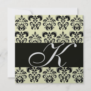 SILVER & BLACK DAMASK MONOGRAM , white Invitation
