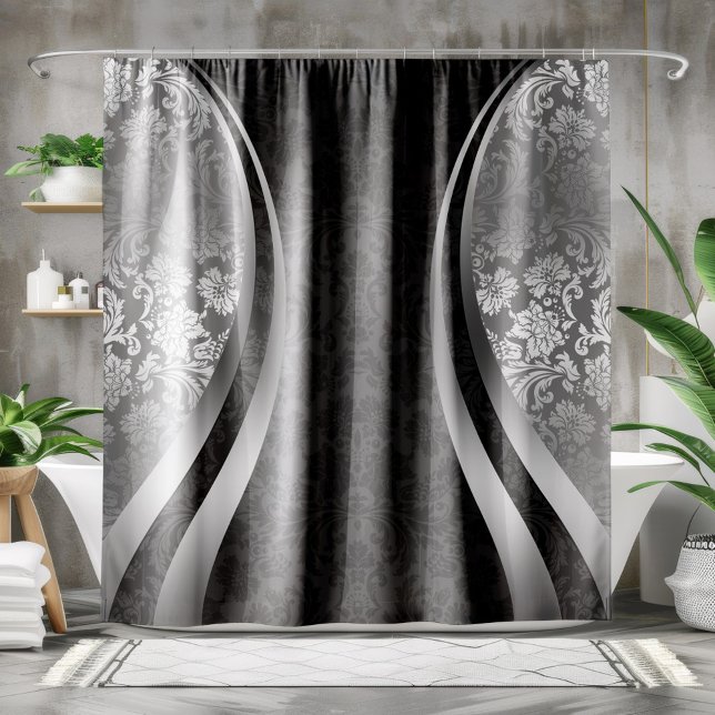 Silver & Black Damasks Geometric Modern Design Shower Curtain (Creator Uploaded)