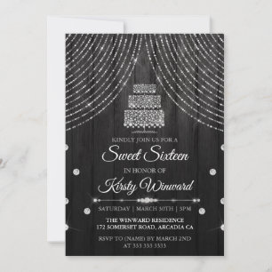 Silver Black Diamond Birthday Cake Sweet 16 Invitation