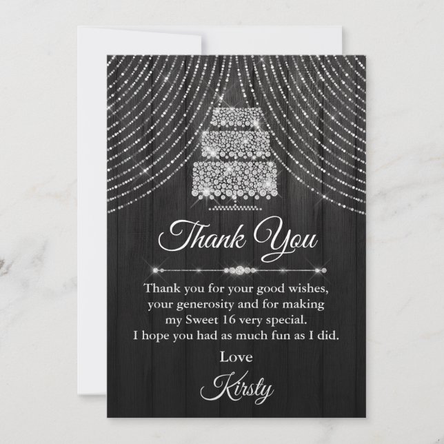 Silver Black Diamond Cake Sweet 16 Thank You Card (Front)