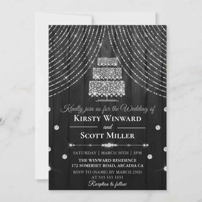 Silver Black Diamond Curtain Cake Wedding Invitation (Front)