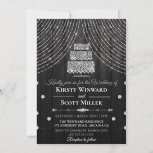 Silver Black Diamond Curtain Cake Wedding Invitation