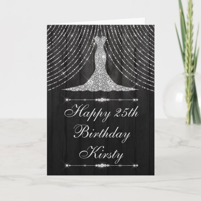 Silver Black Diamond Curtain Dress Birthday Card (Front)