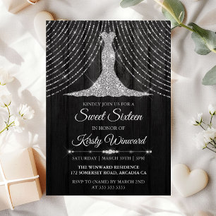 Silver Black Diamond Dress Sweet 16 Invitation