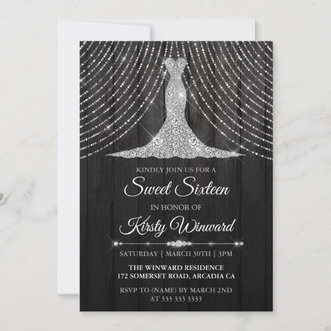 Silver Black Diamond Dress Sweet 16 Invitation (Front)
