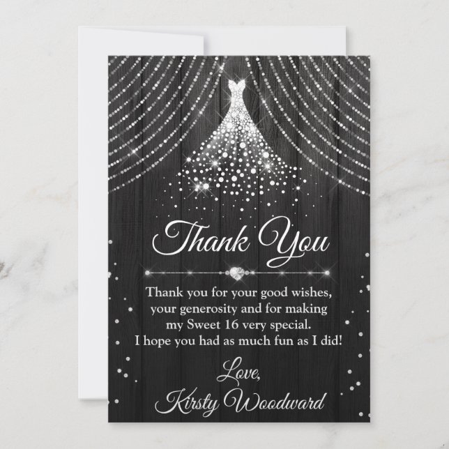 Silver & Black Diamond Dress Sweet 16 Thank You Card (Front)