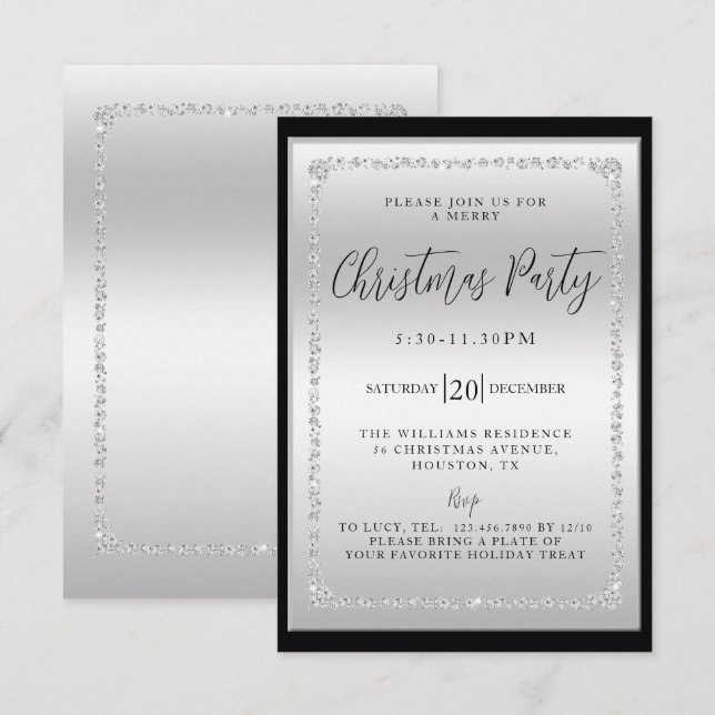 Silver & Black Diamond Framed Christmas Party Invitation (Front/Back)