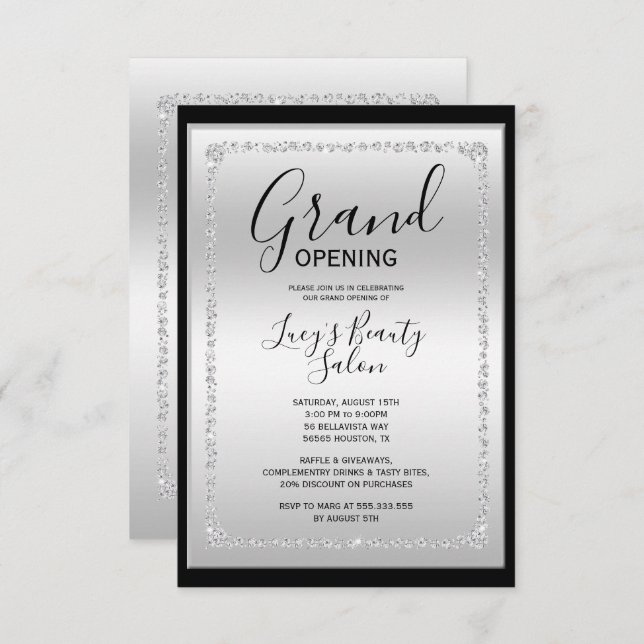 Silver & Black Diamond Framed Grand Opening Invitation (Front/Back)
