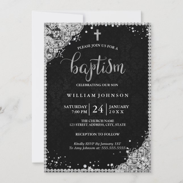Silver Black Diamond Lace Cross Baptism Invitation (Front)