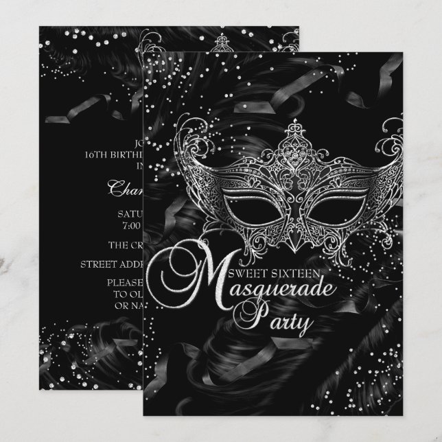 Silver Black Diamond Mask Masquerade Sweet 16 Invitation (Front/Back)