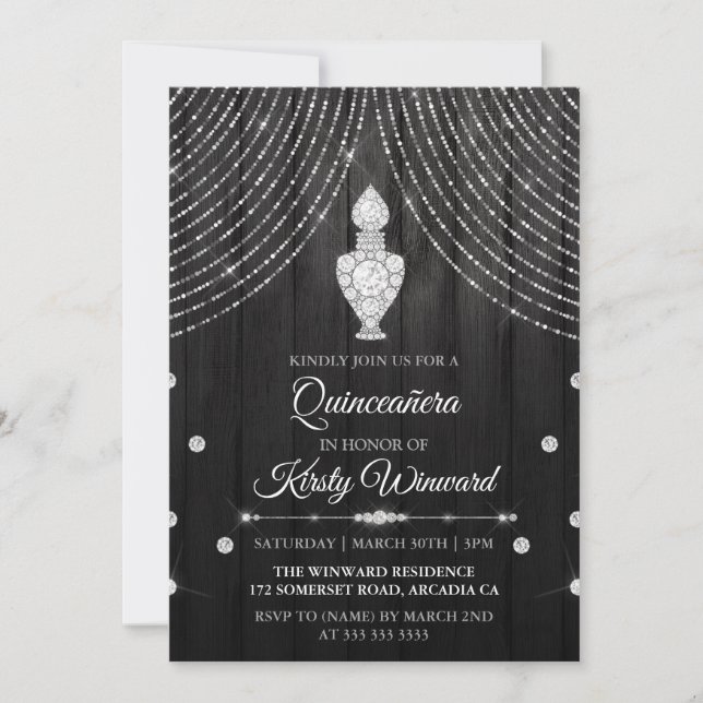 Silver Black Diamond Perfume Bottle Quinceanera Invitation (Front)