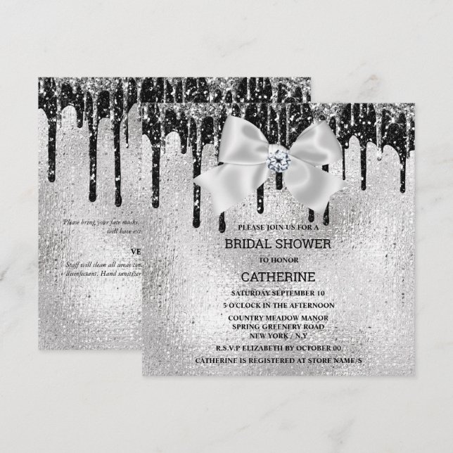 Silver black diamond shimmer lights luxurious glam invitation (Front/Back)