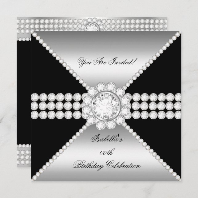 Silver Black Diamond Sophisticated Birthday Party Invitation (Front/Back)