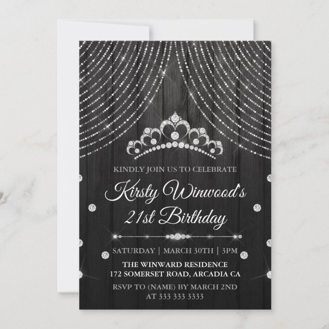 Silver Black Diamond Tiara Birthday Invitation (Front)