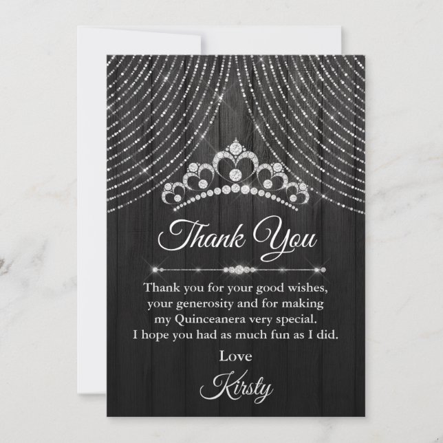 Silver Black Diamond Tiara Quinceanera Thank You Card (Front)