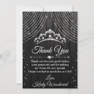 Silver & Black Diamond Tiara Sweet 16 Thank You Card