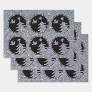 Silver Black Dove Christmas Tree Wrapping Paper Sheet