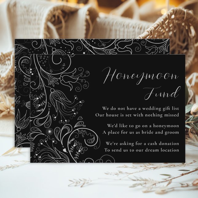 Silver Black Elegant Floral Wedding Honeymoon Fund Enclosure Card (Creator Uploaded)