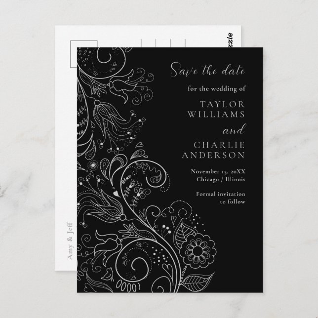 Silver Black Elegant Floral Wedding Save The Date Postcard (Front/Back)