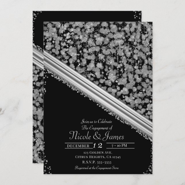 Silver & Black Elegant Glam Engagement Party Invitation (Front/Back)