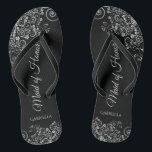 Silver & Black Elegant Maid of Honour Wedding Flip Flops<br><div class="desc">These beautiful wedding flip flops are a great way to thank and recognise your Maid of Honour while saving her feet at the same time. Features an elegant design with ornate silver grey curls and swirls on a black background and fancy script lettering. The test reads Maid of Honour with...</div>