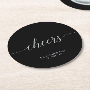 Silver & Black Elegant Script Cheers Custom Party Round Paper Coaster