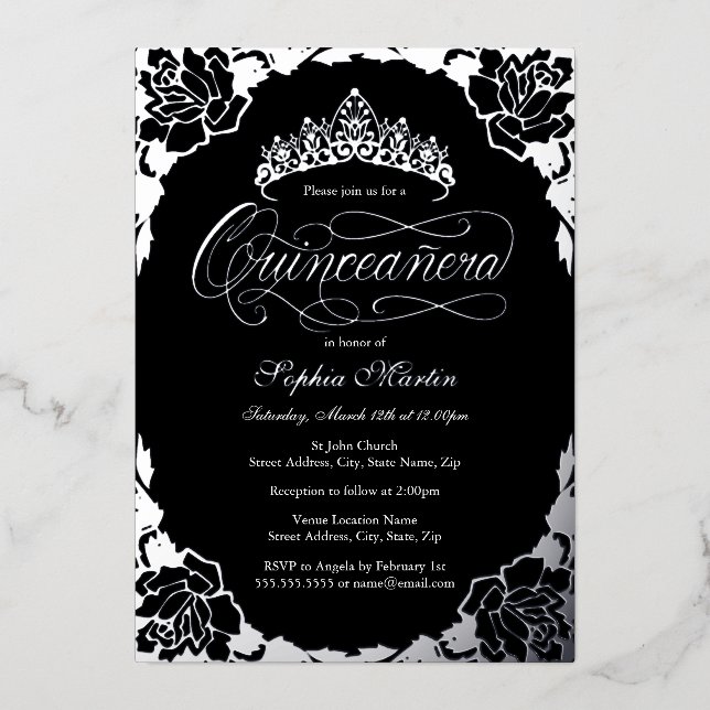 Silver Black Elegant Script Rose Quinceanera  (Front)