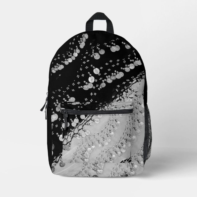 Silver Black Faux Coin Gypsy Scarf  Printed Backpack (Front)