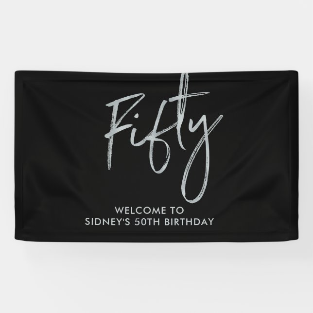 Silver & Black Fifty 50th Birthday Party Welcome Banner (Horizontal)