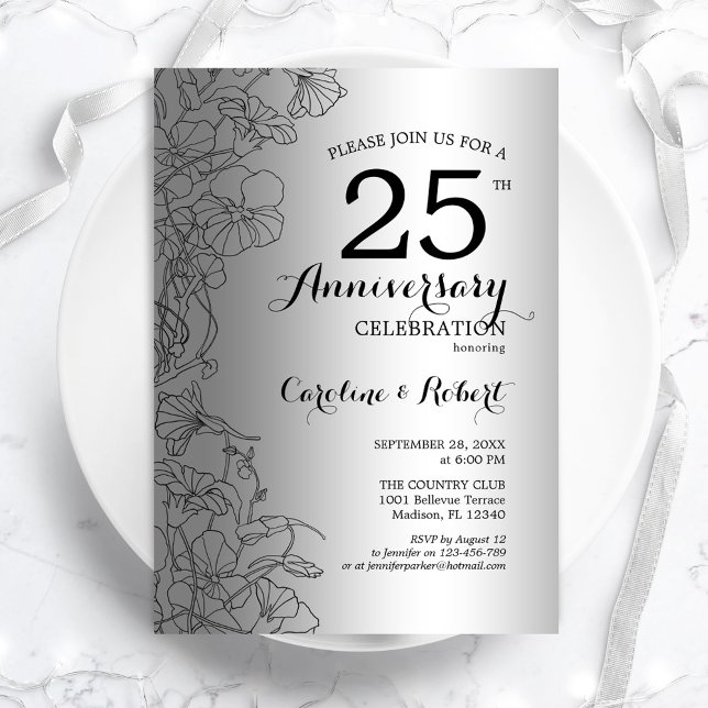 Silver Black Floral 25th Anniversary Invitation (Creator Uploaded)