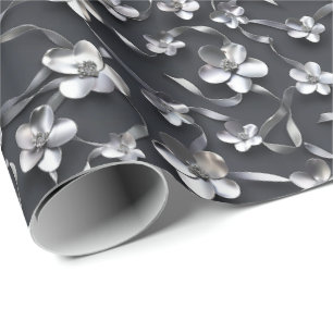 Silver Black Floral 25th Wedding Anniversary Wrapping Paper