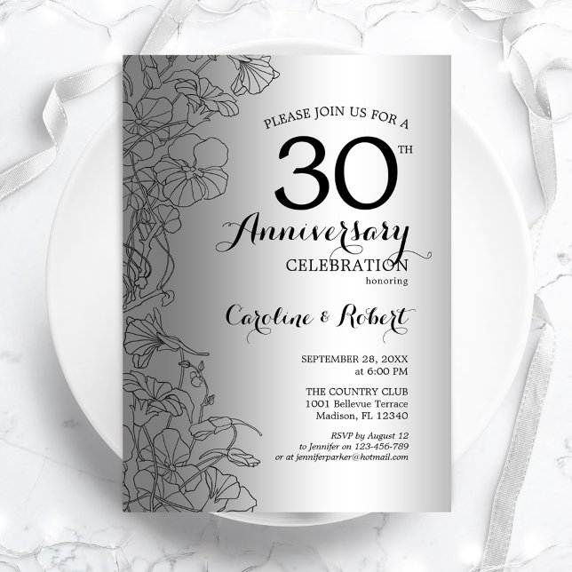 Silver Black Floral 30th Anniversary Invitation (Creator Uploaded)